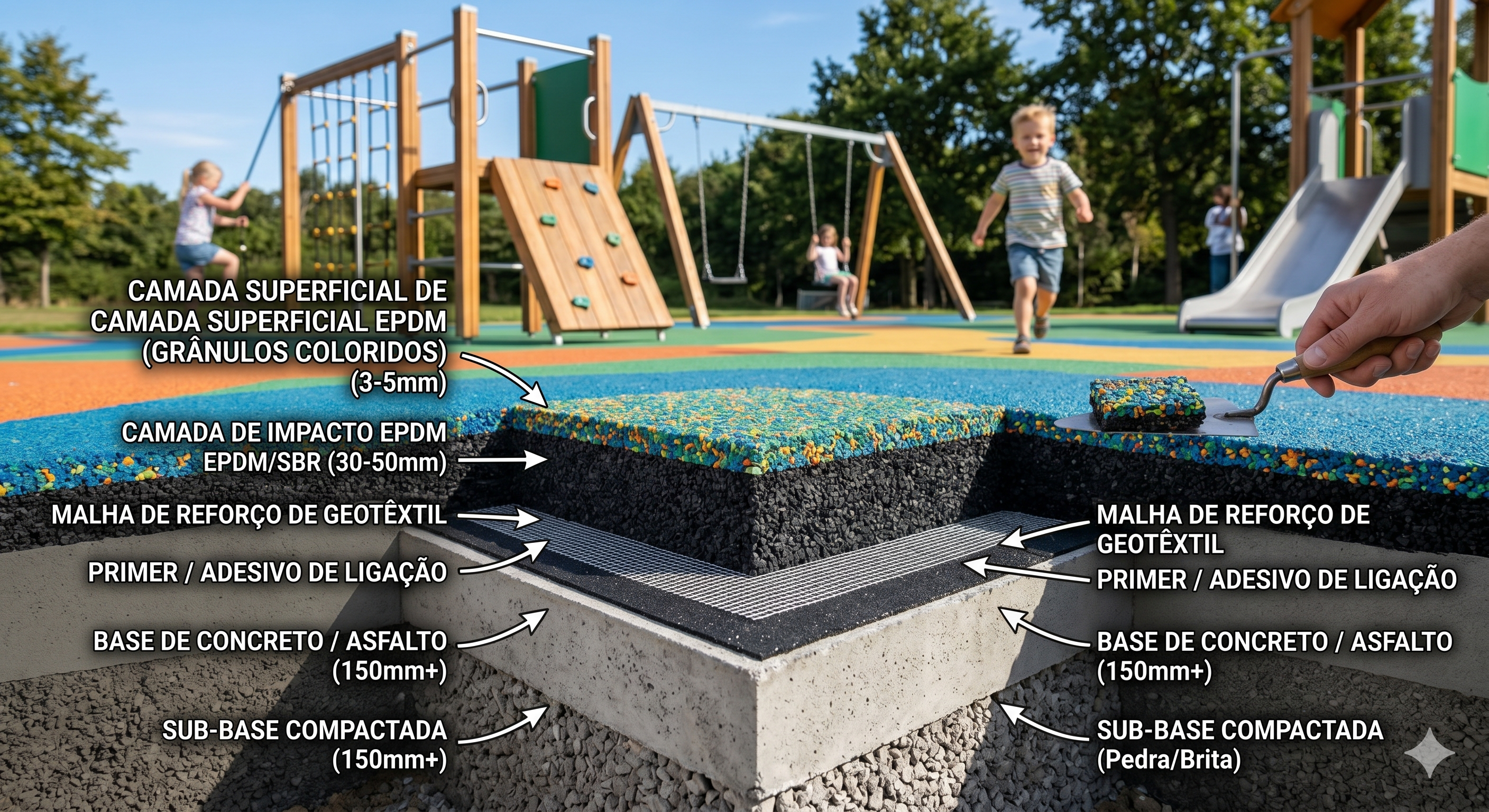 Camadas do piso monolítico EPDM