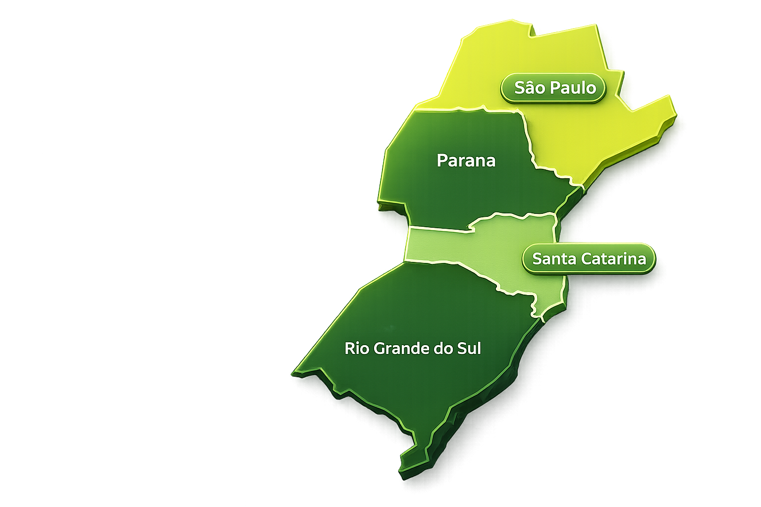 Mapa dos estados atendidos pela Ambientest: São Paulo, Paraná, Santa Catarina e Rio Grande do Sul destacados em verde
