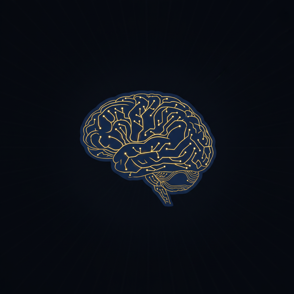 Ilustração conceitual minimalista do cérebro humano em silhueta lateral com circuitos neurais brilhantes destacando a região do córtex pré-frontal, paleta azul-marinho com detalhes em dourado quente, fundo gradiente escuro, estilo arte digital científica sofisticada, iluminação dramática, alta resolução