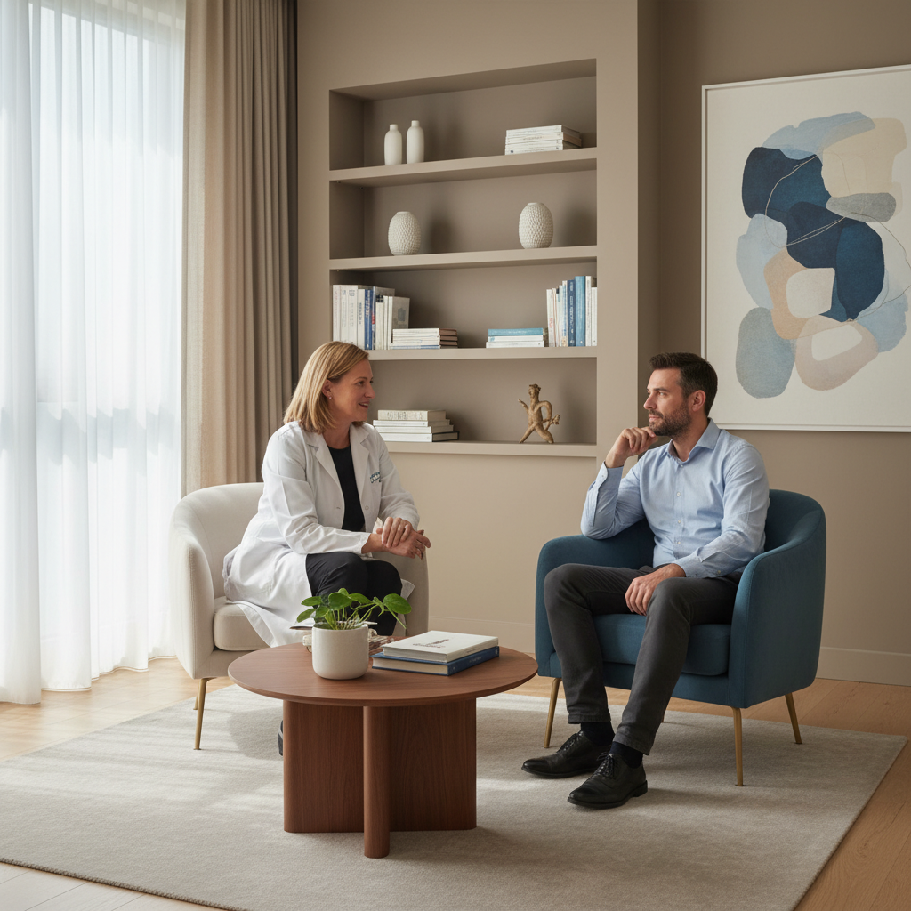 Cena de consultório médico moderno e elegante com psiquiatra de jaleco branco em entrevista clínica com paciente adulto, ambiente acolhedor com poltronas confortáveis, paleta neutra em bege e azul-petróleo, luz natural suave entrando pela janela, fotografia editorial profissional realista, foco no diálogo empático