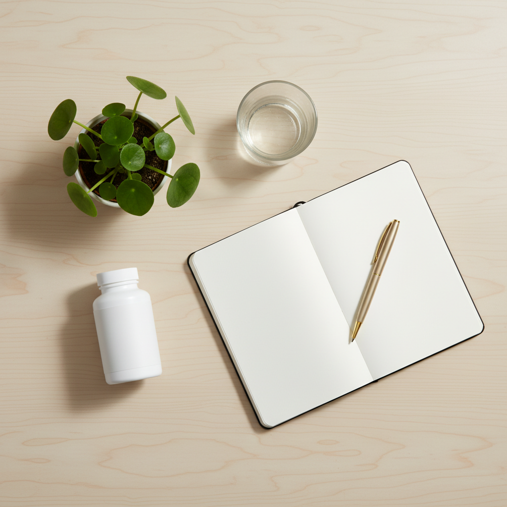Composição flat lay sobre mesa de madeira clara mostrando medicamento em frasco branco minimalista, caderno de anotações aberto com caneta dourada, planta verde pequena e copo de água, paleta natural em tons de bege, verde-sálvia e branco, iluminação natural suave de cima, fotografia lifestyle de saúde e bem-estar, estilo clean e moderno