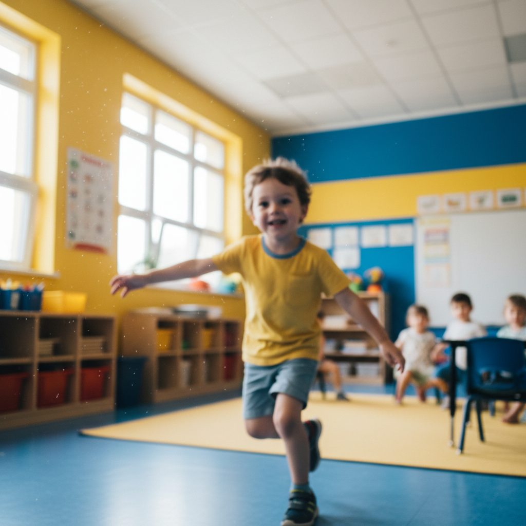 Criança em movimento rápido e ágil dentro de sala de aula colorida, expressão enérgica e impulsiva, com leve borrão de movimento sugerindo agitação, colegas ao fundo desfocados, paleta vibrante mas equilibrada em amarelo, azul e branco, iluminação natural diurna, fotografia documental realista mostrando hiperatividade infantil