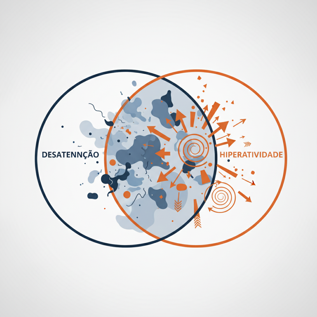 Composição abstrata simbólica de dois círculos sobrepostos formando um diagrama de Venn estilizado, um lado representando desatenção com elementos suaves e dispersos, outro representando hiperatividade com setas dinâmicas, paleta azul-marinho profundo com destaques em laranja queimado, fundo neutro claro, design gráfico moderno e sofisticado, estilo editorial científico