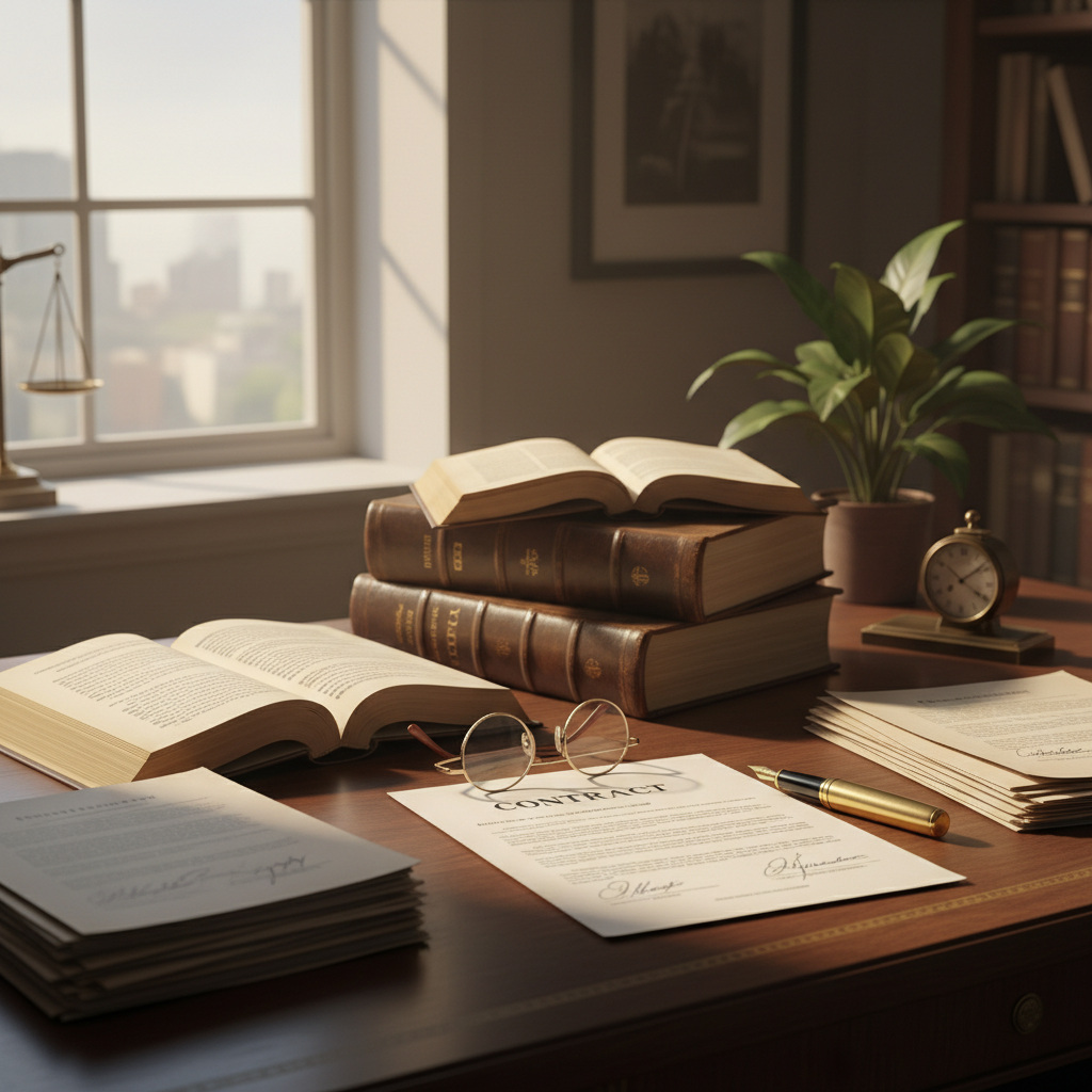 Mesa de escritório de advocacia com livros jurídicos abertos, caneta tinteiro dourada, óculos de leitura e contrato impresso assinado em primeiro plano, paleta de marrom, dourado e bege, iluminação quente e suave vinda de janela lateral, fotografia profissional ultra-realista representando Direito Civil e contratos