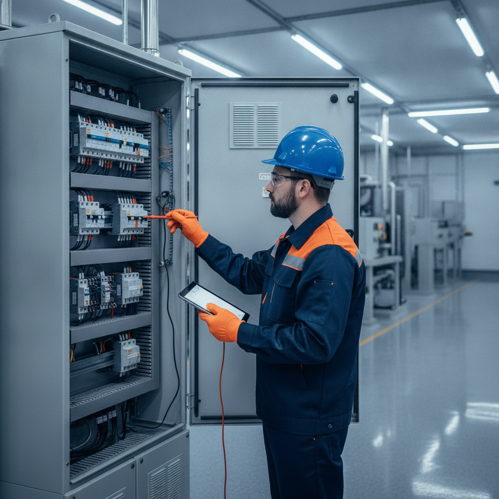 Engenheiro eletricista inspecionando quadro de distribuição em ambiente industrial limpo, capacete e EPI, paleta azul-marinho e laranja, iluminação profissional, fotografia realista de alta definição