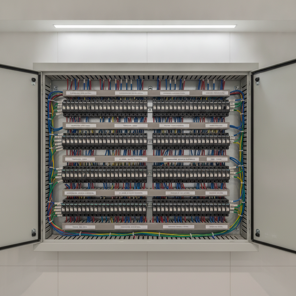 Quadro de distribuição residencial organizado em casa de alto padrão, disjuntores alinhados, fiação identificada, iluminação clara, fotografia realista
