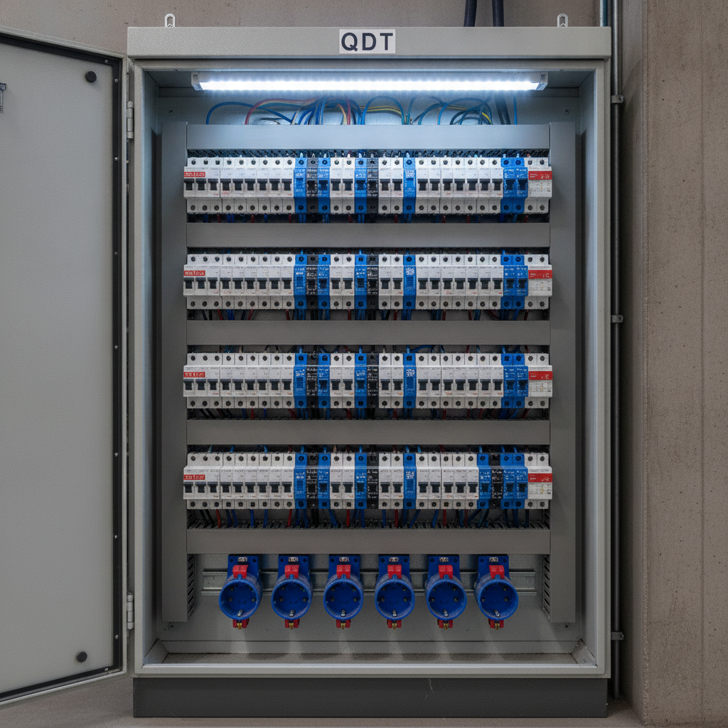 Quadro de Tomadas QDT industrial, disjuntores organizados em fileiras, gabinete metálico cinza, iluminação técnica, fotografia realista