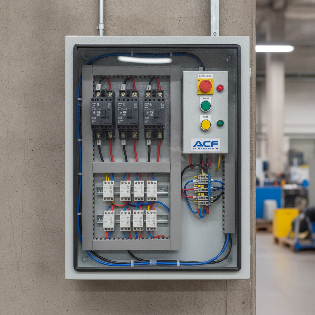 Quadro de comando elétrico com contatores, relés e botoeiras para acionamento de motores, gabinete industrial, fotografia técnica realista