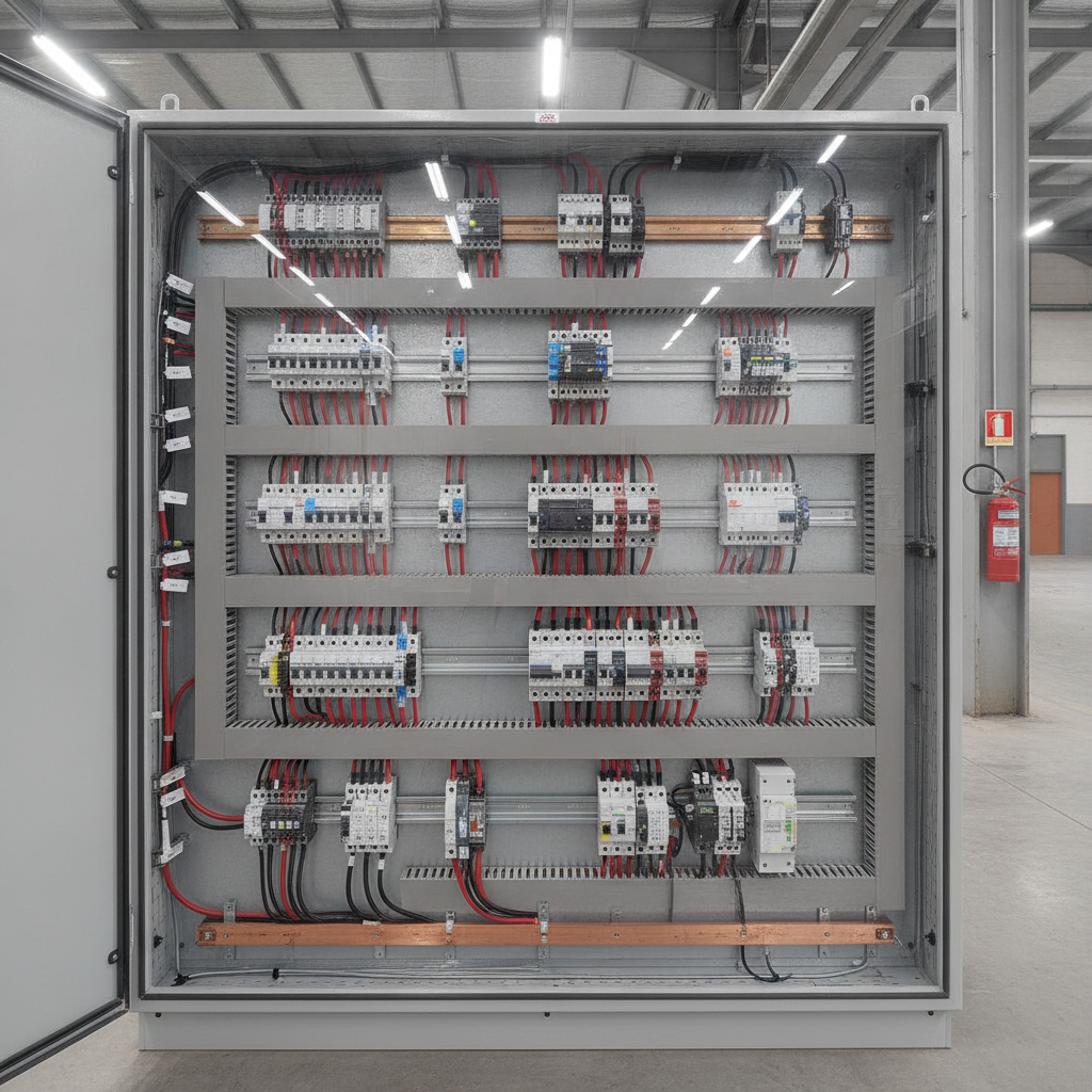 Quadro de Distribuição de Força e Luz QDFL em galpão comercial, barramentos e disjuntores organizados, fotografia industrial realista