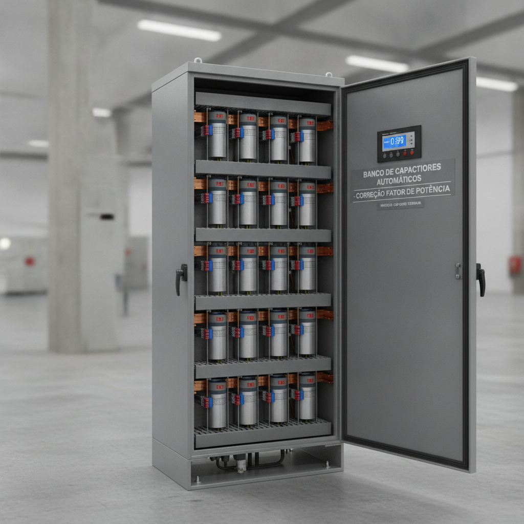 Banco de Capacitores Automáticos para correção de fator de potência, gabinete metálico com capacitores e controlador digital, fotografia industrial realista