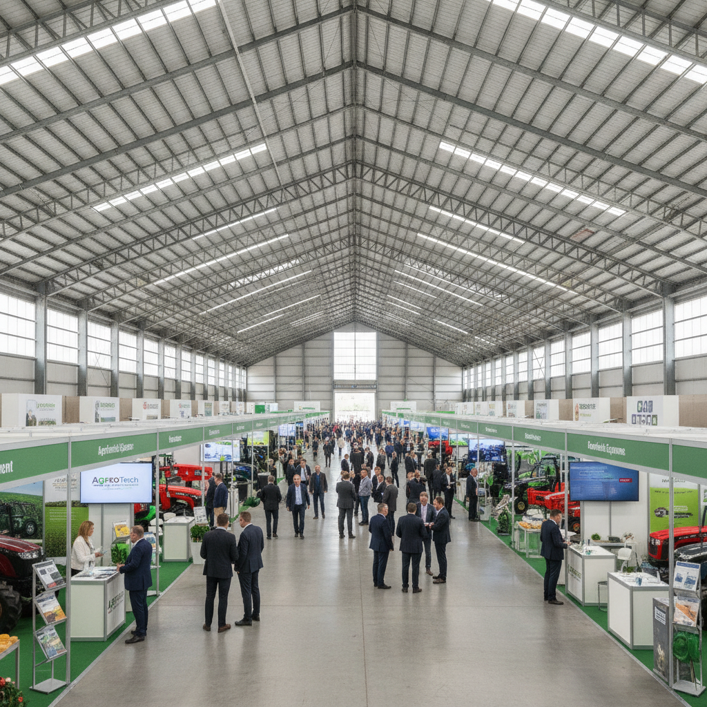 Pavilhão de feira agropecuária amplo com estrutura metálica coberta, corredores largos e estandes organizados, fotografia realista, luz natural difusa, ambiente profissional