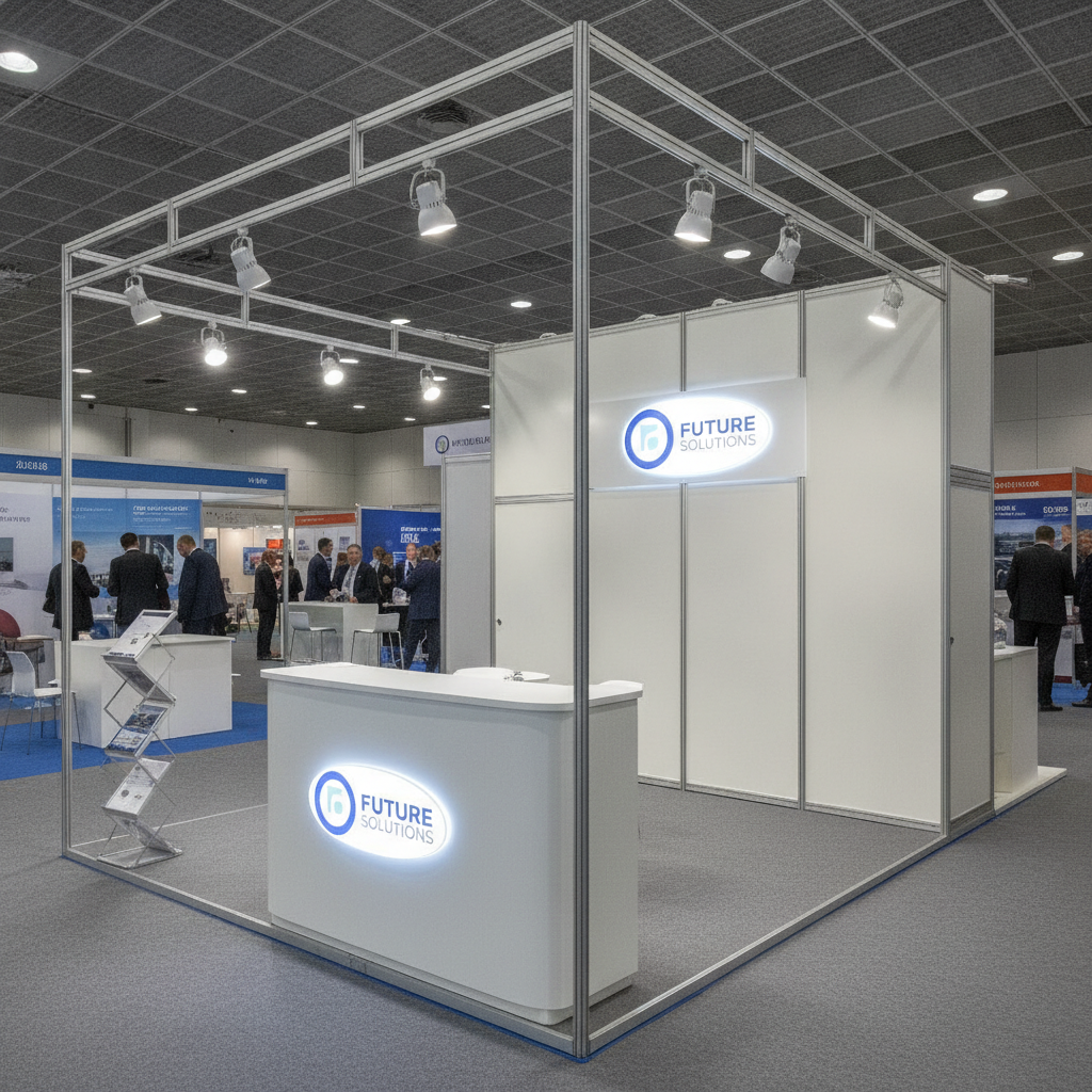 Estande de feira corporativa em octanorm branco com balcão de atendimento, iluminação spot e logotipo de empresa, fotografia realista, ambiente de exposição de negócios