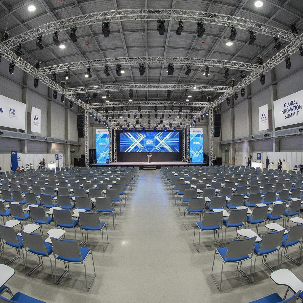Estrutura montada para congresso corporativo com palco, treliças metálicas e plateia organizada em auditório de feira, fotografia realista, iluminação profissional