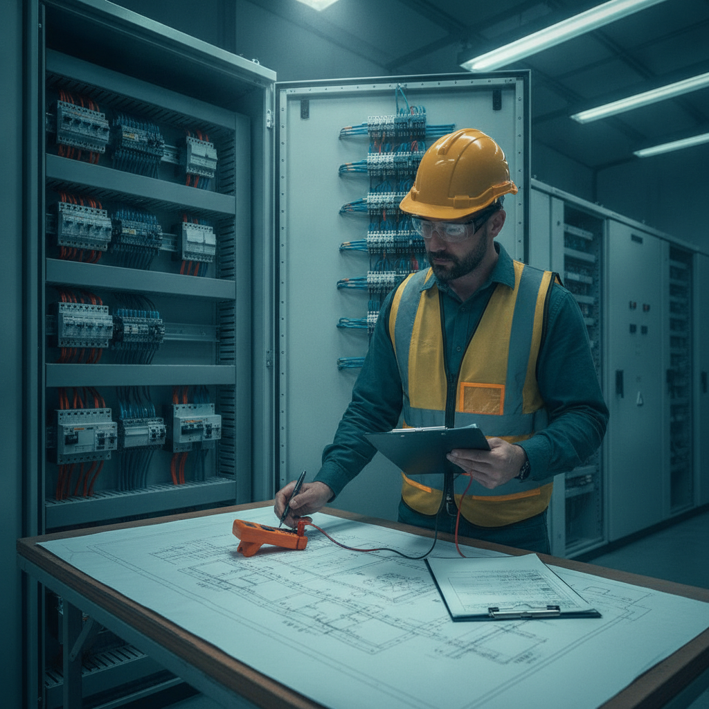Engenheiro eletricista analisando planta de projeto elétrico e quadro de distribuição industrial, com multímetro e prancheta técnica em mãos, ambiente de painel elétrico com fiação organizada ao fundo, paleta azul-petróleo e cinza, iluminação técnica focada, ângulo frontal, fotografia realista profissional