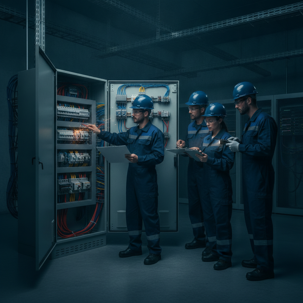 Equipe de engenheiros eletricistas revisando painel elétrico industrial com prancheta e capacete, ambiente técnico com fiação organizada, paleta azul-petróleo escura, iluminação dramática, fotografia realista profissional