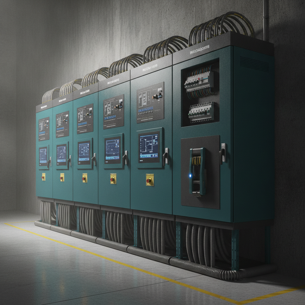 Painel elétrico industrial moderno instalado em ambiente técnico, tons de azul-petróleo e cinza escuro, iluminação dramática lateral, ângulo baixo, fotografia profissional ultra-realista