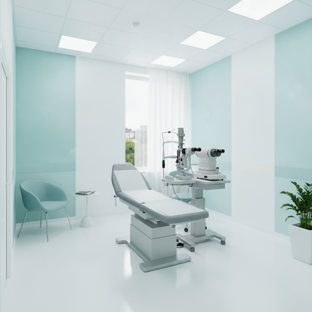 Consultório oftalmológico moderno com maca de exame, paleta em tons de verde-água e branco, iluminação clara e ambiente clean, fotografia realista de clínica de saúde