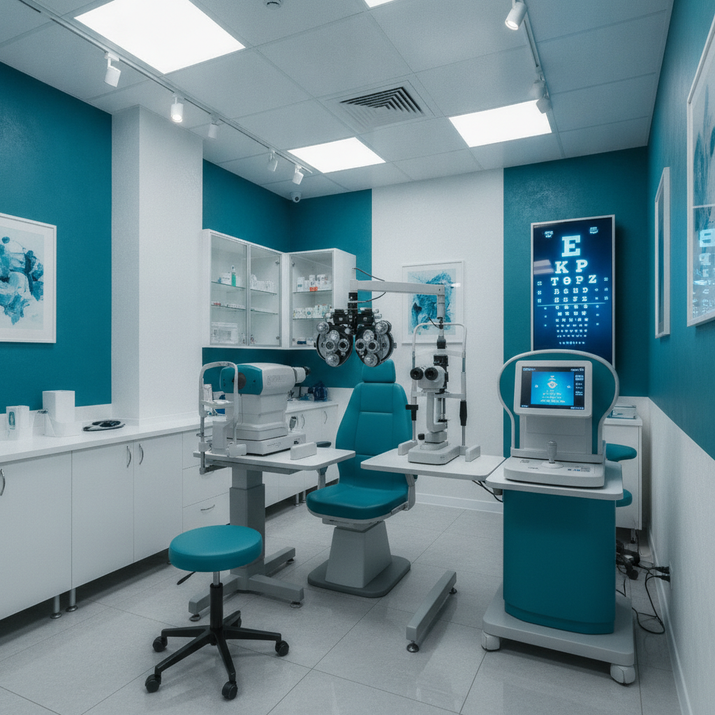 Sala de exames oftalmológicos com equipamento de diagnóstico de última geração, tons de azul-petróleo e branco, iluminação técnica, fotografia realista de clínica médica