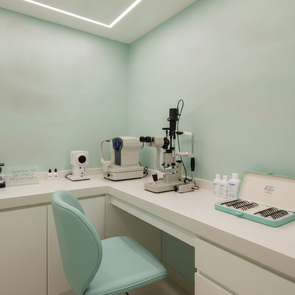Espaço personalizado para adaptação de lentes de contato, bancada clara com equipamento óptico, tons suaves de verde-água, fotografia realista clínica