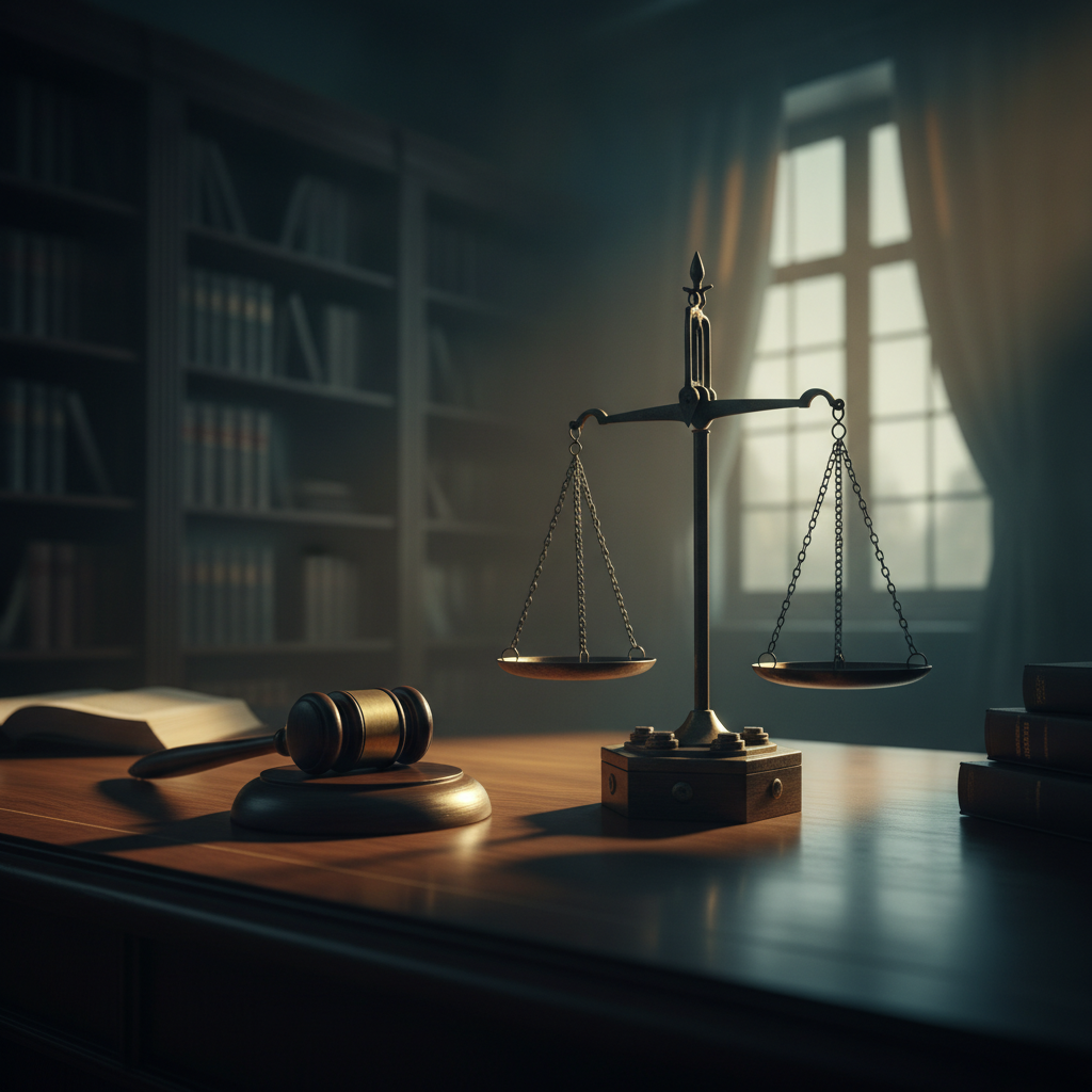 Martelo de juiz e balança da justiça sobre mesa de madeira escura em escritório de advocacia criminal, iluminação dramática em tons azul-petróleo e dourado, fotografia profissional ultra-realista, ambiente sério e imponente