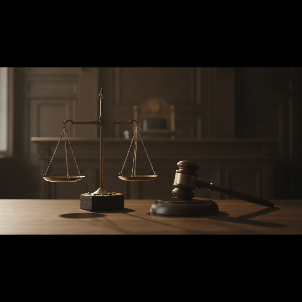 Balança da justiça e martelo de juiz em mesa de madeira escura, iluminação dramática lateral, ambiente de tribunal, tons dourados e pretos, fotografia editorial de baixo contraste