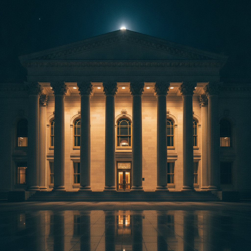 Fórum e tribunal de justiça à noite, colunas clássicas iluminadas, tons de azul petróleo escuro e dourado, atmosfera solene e imponente, fotografia arquitetônica dramática