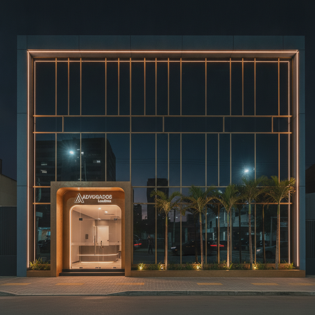 Fachada de escritório de advocacia moderno em Londrina, arquitetura contemporânea com vidro e detalhes dourados, tons de azul petróleo escuro, iluminação noturna sofisticada, fotografia arquitetônica realista