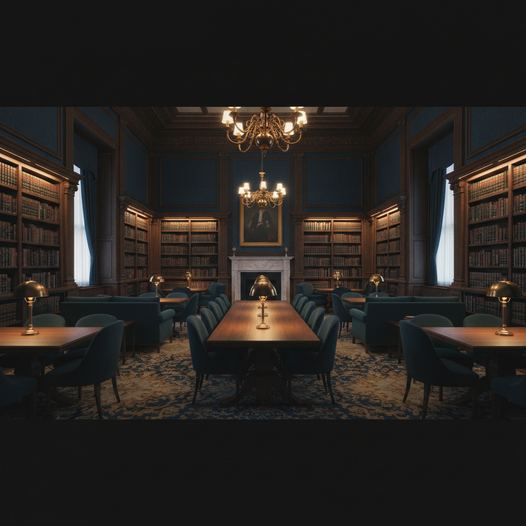 Interior de biblioteca jurídica sóbria com estantes de livros de direito em madeira escura, tons de azul petróleo profundo e dourado, iluminação ambiente suave e dramática, fotografia realista de ambiente corporativo