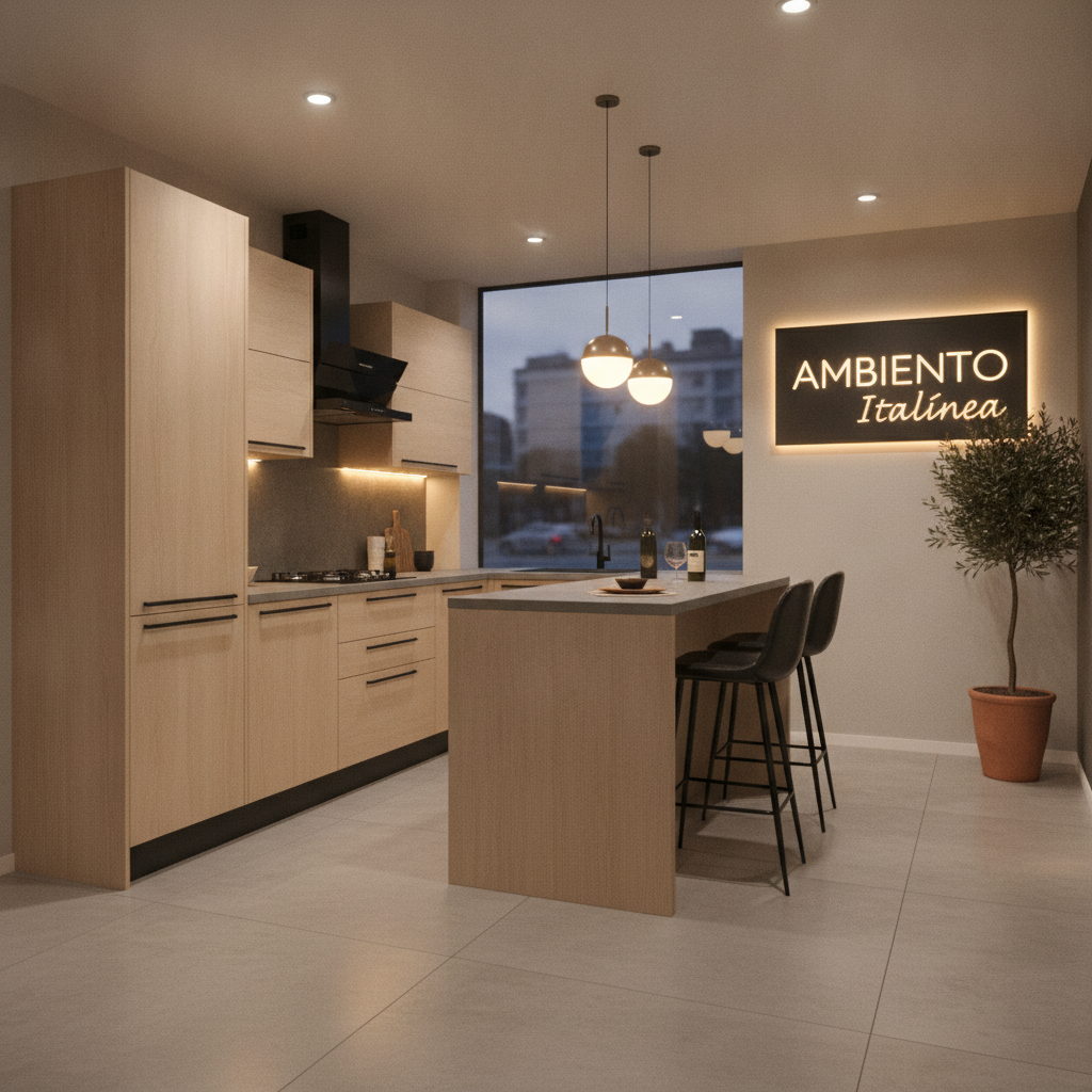 Interior sofisticado de loja de móveis planejados Ambiento Italínea, cozinha planejada com acabamento em madeira clara e detalhes em preto, iluminação quente e acolhedora, fotografia profissional de interiores